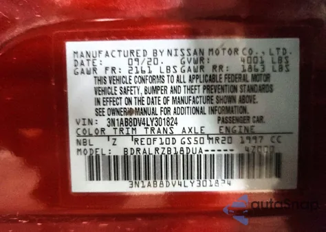 2020 Nissan Sentra Sr z USA, uszkodzony, nr VIN 3N1AB8DV4LY301824